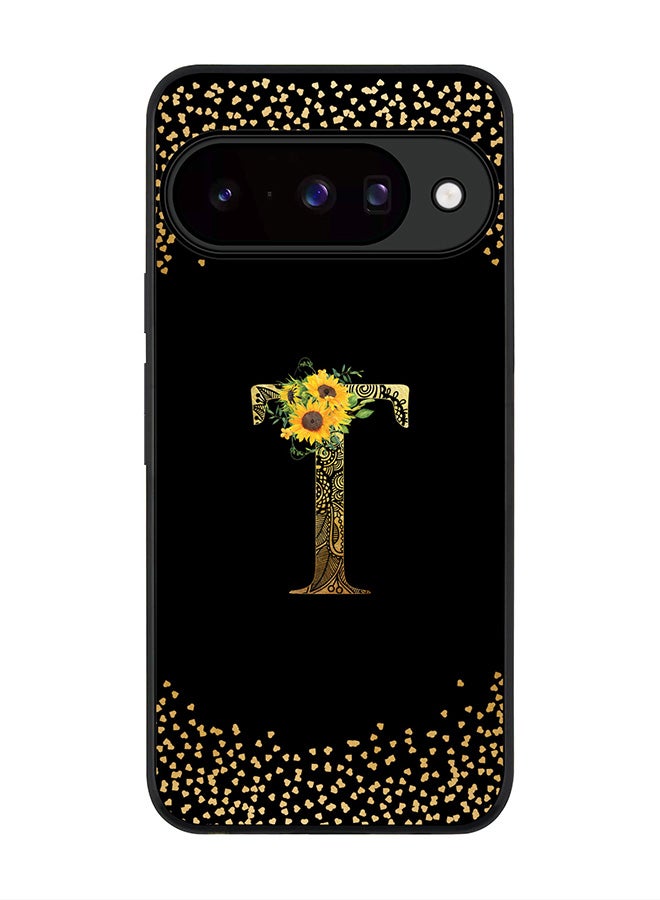 For Google Pixel 10 Case,Slim fit Camera Protection, Shockproof Thin Phone cover  - Custom Floral Monogram - T ( Black )